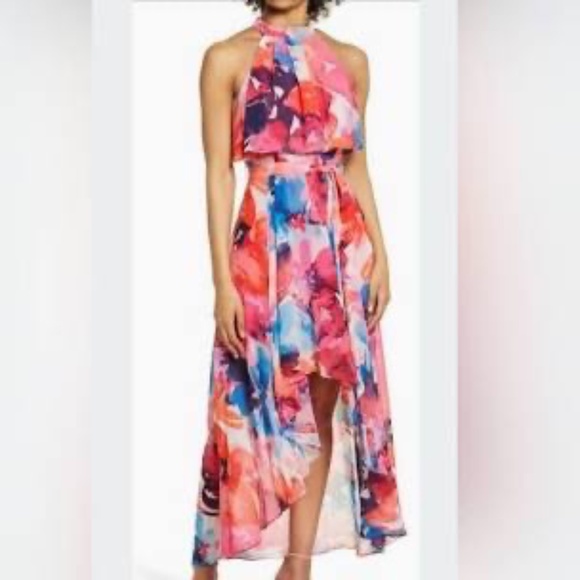 Eliza J Pink Watercolor Flowy Halter Neck Asymmetrical Dress Sz 8 - Picture 1 of 10